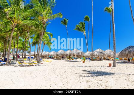 Belle plage de sable blanc d'un complexe de luxe à Punta Cana, République Dominicaine. Palmiers à noix de coco sur une plage de sable blanc. Vue sur une belle plage tropicale Banque D'Images