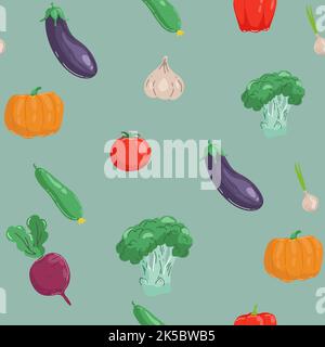 Motif sans couture avec légumes colorés dessinés à la main. Ensemble de vecteurs de style d'esquisse. Ensemble d'icônes plates de légumes : concombre, carotte, oignon, tomate Illustration de Vecteur
