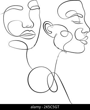 La main dessine les faces avec une ligne continue. Style minimalisme tendance. Illustration de Vecteur