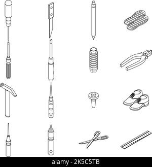 Jeu d'icônes de réparation de chaussures. Ensemble isométrique d'icônes de vecteur de réparation de chaussure contour mince sur blanc isolé Illustration de Vecteur