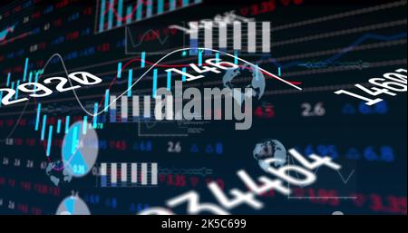 Image de l'évolution de plusieurs nombres par rapport au traitement des données du marché boursier sur fond noir Banque D'Images