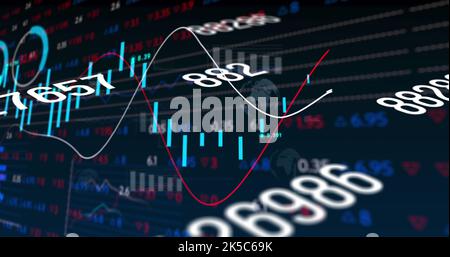 Image de l'évolution de plusieurs nombres par rapport au traitement des données du marché boursier sur fond noir Banque D'Images