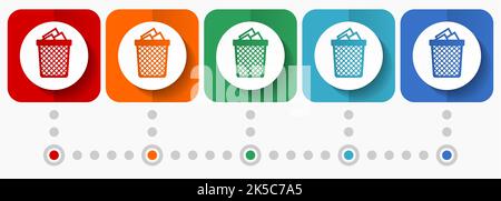 Icônes vectorielles de corbeille, modèle d'infographie, jeu de symboles de conception plate dans 5 options de couleurs Illustration de Vecteur