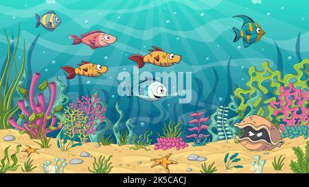 Dessin animé sous-marin avec des poissons et des plantes du paysage Banque D'Images