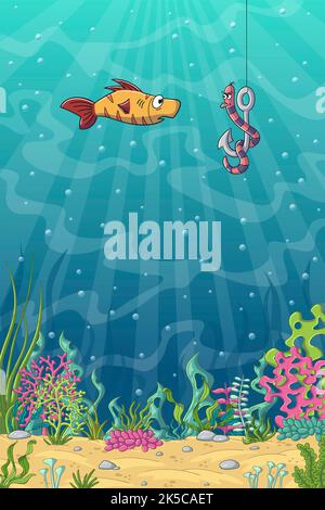 Funny cartoon poisson et ver sur un hameçon Banque D'Images
