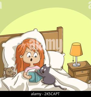 Fille lit un livre dans le lit avec chat. Banque D'Images