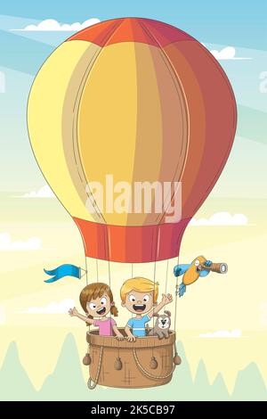 Les enfants et les animaux volent en montgolfière. Banque D'Images