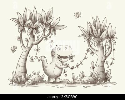 Dino plante mangeant. Noir une illustration blanche dessinée à la main. Banque D'Images