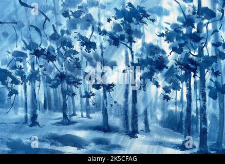Forêt de pins sur fond d'aquarelle brumeuse Banque D'Images