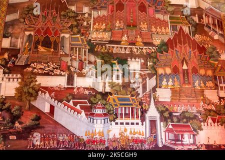 Murale, Ubosot, salle d'ordination, Wat Arun, Temple de l'Aube, Bangkok, Thaïlande, Asie Banque D'Images