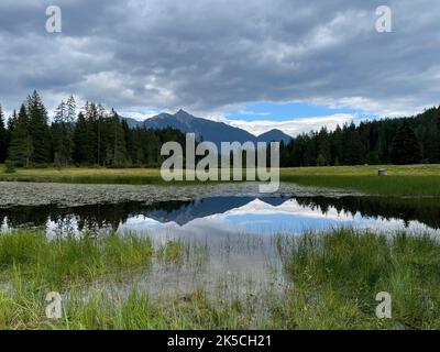 Vue sur Wildmoossee à Reither- et Seefelder Spitze, réflexion, panorama, randonnée, vélo, Nature, montagnes, ciel bleu, activité, Karwendelgebirge, Wettersteingebirge, Leutasch, Mösern, Reith, Scharnitz, Tirols Hochplateau, Seefeld, Tirol, Autriche Banque D'Images