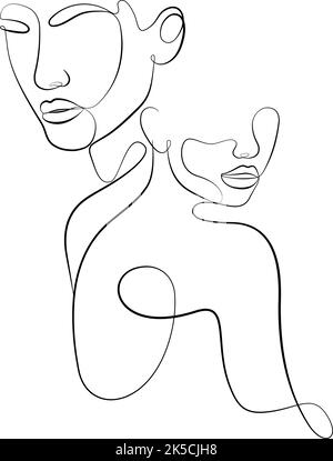 Une ligne continue, deux faces femelles. Abstrait, art moderne Illustration de Vecteur