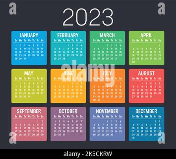Calendrier coloré de l'année 2023 isolé sur fond noir. Modèle vectoriel. Illustration de Vecteur