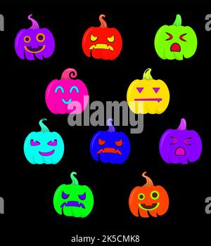 Mignon et drôle Halloween Neon Pumpkin avec Smile visages drôles. Multicolore Gourd Jack O'Neill visages drôles fantômes pour la fête automnale d'Halloween Illustration de Vecteur