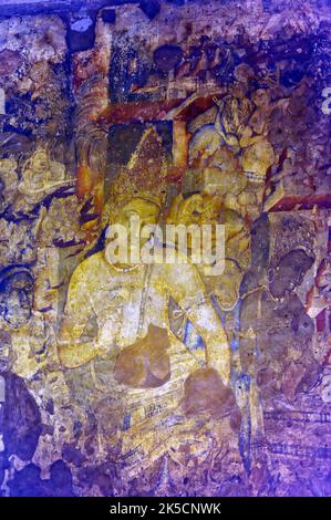 Peintures murales de Bouddha sur le mur des grottes d'Ajanta patrimoine mondial de l'UNESCO vue près de l'état d'Aurangabad Maharashtra Inde Banque D'Images