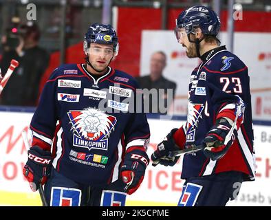 Linköping HC vs. Frölunda Indians (Club de hockey Frölunda), Ligue suédoise de hockey, dans l'arène Saab, Linköping, Suède. Banque D'Images