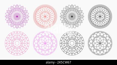 Ensemble de collection de figurines à motif floral Mandala Line Art Vector ou motif sur fond blanc. Collection de décorations d'art à fleurs méditation Illustration de Vecteur