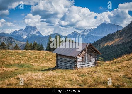 Italie, Vénétie, province de Belluno, Rocca Pietore, Laste alm. Chalet rustique en bois sur un plateau vert de haute montagne dans les Dolomites Banque D'Images