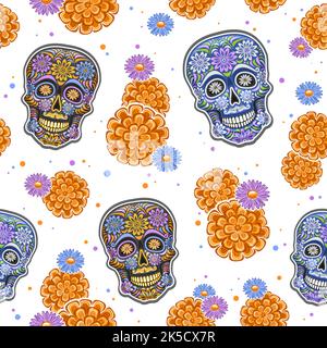 Vector Day of the Dead sans couture, fond carré répété avec ensemble d'illustrations découpées de crânes colorés et de fleurs orange Illustration de Vecteur