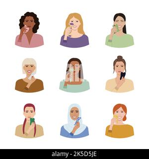 Ensemble de portraits de femmes de diversité avec le racloir et le rouleau de gua sha. Outils de massage de récupération de gua SHA facial. Des variations de nationalités différentes sont possibles Illustration de Vecteur