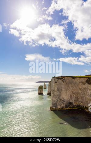 Vue sur le rocher des Pinnacles. Old Harry Rocks, Handfast point, Isle of Purbeck, Jurassic Coast, Dorset, Angleterre, Royaume-Uni. Banque D'Images