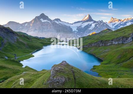 Vue aérienne du lac Bachalpsee pendant un lever de soleil d'été. Grindelwald, canton de Berne, Suisse, Europe. Banque D'Images