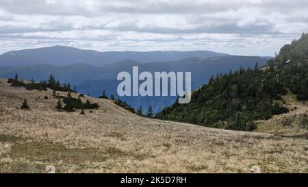 Vue panoramique sur les collines ondoyantes et le paysage de montagne boisé de la chaîne de montagnes Rax en Autriche, avec des sommets lointains en couches, des paysages alpins et Banque D'Images