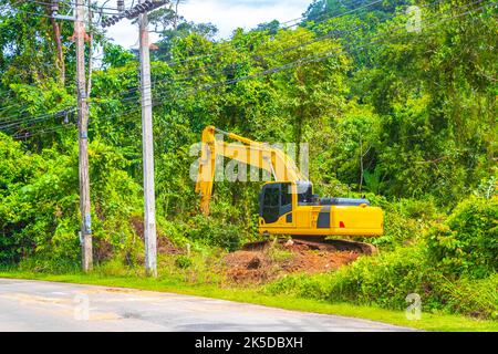 De grandes excavateurs jaunes détruisent la jungle forestière de Sakhu Thalang sur l'île de Phuket en Thaïlande dans la Southeastasie Asie. Banque D'Images