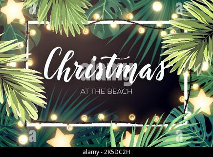 Motif de Noël tropical sur la plage avec des étoiles dorées aux feuilles de palmier Monstera et guirlande lumineuse à bulbes, illustration vectorielle. Illustration de Vecteur