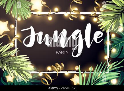 Motif de Noël tropical sur la plage avec des étoiles dorées aux feuilles de palmier Monstera et guirlande lumineuse à bulbes, illustration vectorielle. Illustration de Vecteur