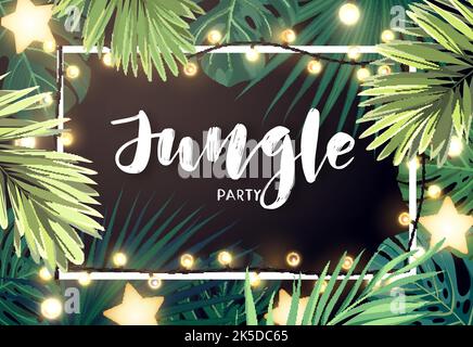 Motif de Noël tropical sur la plage avec des étoiles dorées aux feuilles de palmier Monstera et guirlande lumineuse à bulbes, illustration vectorielle. Illustration de Vecteur