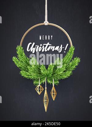 Couronne ronde du nouvel an avec branches en sapin. Décoration intérieure moderne de Noël, illustration vectorielle. Illustration de l'hiver. Illustration de Vecteur