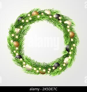 Couronne de Noël verte avec guirlande lumineuse incandescente, branches de sapin et décorations de noël. Modèle vectoriel, espace pour le texte. Illustrati d'hiver Illustration de Vecteur