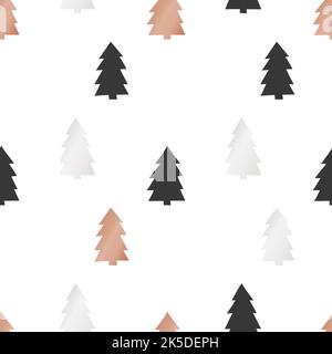 Papier cadeau de Noël blanc et du nouvel an avec arbres de Noël en or et en bronze. Motif vectoriel transparent. Illustration de Vecteur