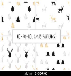 Ensemble de motifs dorés sans couture avec arbres et dés de Noël pour Noël et le papier d'emballage du nouvel an. Illustration vectorielle. Illustration de Vecteur