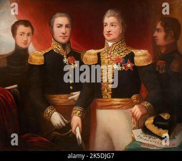 Le g&#xe9;n&#xe9;ral L&#xe9;opold Hugo avec deux de ses fr&#XE8;res et son fils Abel en uniforme de la restauration, c.1825. Banque D'Images