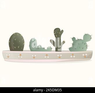 Cactus et plantes succulentes en pots. Style vectoriel de dessin animé simple. Banque D'Images