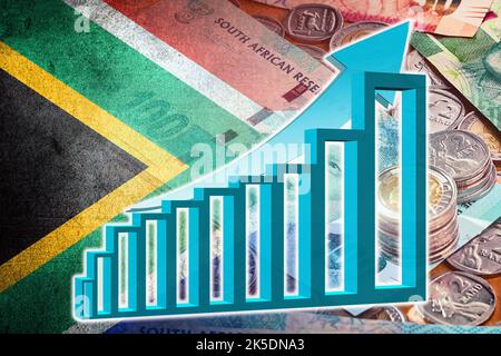 Graphique de l'économie: Flèche ascendante, drapeau sud-africain et billets et pièces de monnaie en argent de rand sud-africain Banque D'Images