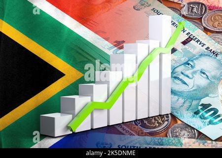 Graphique de l'économie: Flèche ascendante, drapeau sud-africain et billets et pièces de monnaie en argent de rand sud-africain Banque D'Images