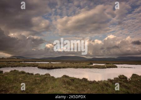 Fens et glande à Aughness, Ballycroy, Irlande. À l'horizon, les montagnes du parc national Wild Nephin. Banque D'Images