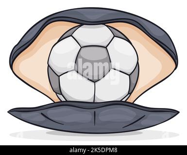 Curieuse huître ouverte, tenant à l'intérieur d'une boule de football d'argent comme une perle. Conception isolée dans un style de dessin animé. Illustration de Vecteur