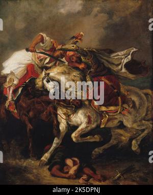 Le combat du Giaour et du Pacha, 1835. Le combat du Giaour et Hassan. Inspiré d'un poème de Lord Byron, ce tableau représente le combat décisif entre le Giaur, monté sur un cheval noir, et le Pasha Hassan, sur son cheval blanc. Giaour était tombé amoureux de Leila, un esclave dans le harem d'Hassan, mais Hassan avait découvert cela et l'avait fait tuer. Le Giaour (un mot turc offensant pour infidèle ou non-croyant) déchire le tissu recouvrant la poitrine du pasha pour atteindre son coeur avec la lame pointue de son sabre. Le pasha, avec un poignard dans sa main droite, tente de repousser son attac Banque D'Images