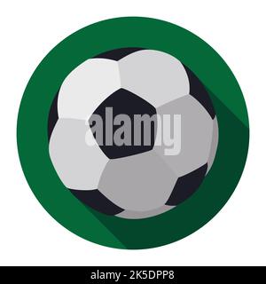 Ballon de football traditionnel noir et blanc sur bouton rond vert. Conception plate et ombre longue. Illustration de Vecteur