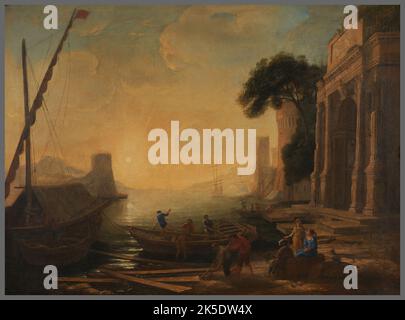 Port de mer au soleil levant, d'avril et#XE8;s le Lorrain. Port maritime avec soleil levant. À droite se trouve l'arche triomphale de l'empereur romain Vespasien. Après Claude Lorrain. Banque D'Images