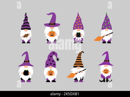 Nains d'Halloween. Ensemble de personnages de dessin animé mignons. Modèle vectoriel pour affiche typographique, carte de vœux, bannière, autocollant, etc Illustration de Vecteur