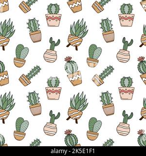 Motif sans couture avec cactus mignons dans des pots de fleurs Illustration de Vecteur