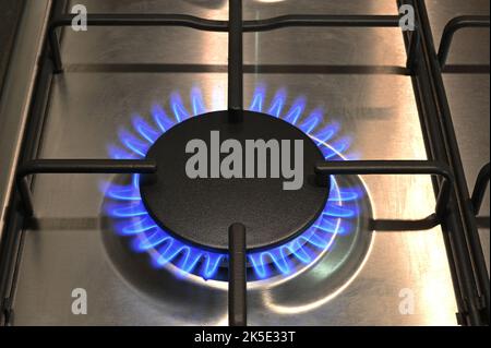 Un seul anneau d'une table de cuisson à gaz allumée avec des flammes bleues Banque D'Images