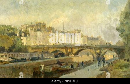 Le Pont neuf, 1906. Le Pont neuf. La Seine à Paris avec des barges amarrées en premier plan, et un marcheur avec un chien. Derrière le pont se trouvent les bâtiments du quai du Louvre. Banque D'Images