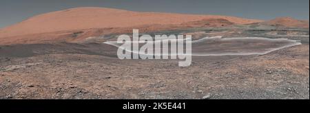 Surface martienne, Mars. Cette mosaïque prise par mars curiosité rover de la NASA regarde en amont le mont Sharp, qui la curiosité monte depuis 2014. Mis en évidence en blanc est une zone avec des roches argileuses que les scientifiques sont désireux d'explorer; il pourrait jeter une lumière supplémentaire sur le rôle de l'eau dans la création du mont Sharp. La mosaïque a été assemblée à partir de dizaines d'images prises par la caméra Mast de Curiosity (Mastcam). Il a été repris sur le sol 1931 en janvier 2018. Une version optimisée d'une image de la NASA. Crédit: NASA/JPL-Caltech/MSSS Banque D'Images