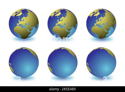 Ensemble de globes de la Terre se concentrant sur l'Europe (rangée supérieure) et l'océan Pacifique (rangée inférieure). Soigneusement superposé et groupé pour faciliter le montage. Vous pouvez modifier Illustration de Vecteur